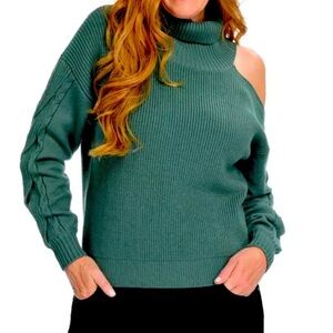Elan Open Shoulder Turtleneck Sweater Large Cable Knit Sleeves